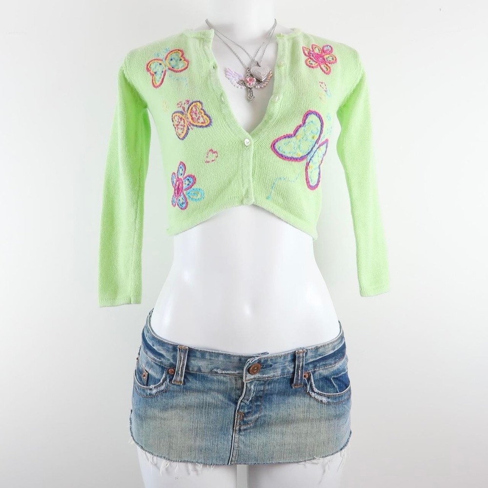 y2k lime green butterfly cardigan women's xs 2000s